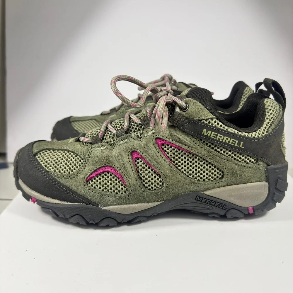 Merrell Alverstone Hiking Shoes Womens 9.5 Olive Green Pink Suede Mesh J135202